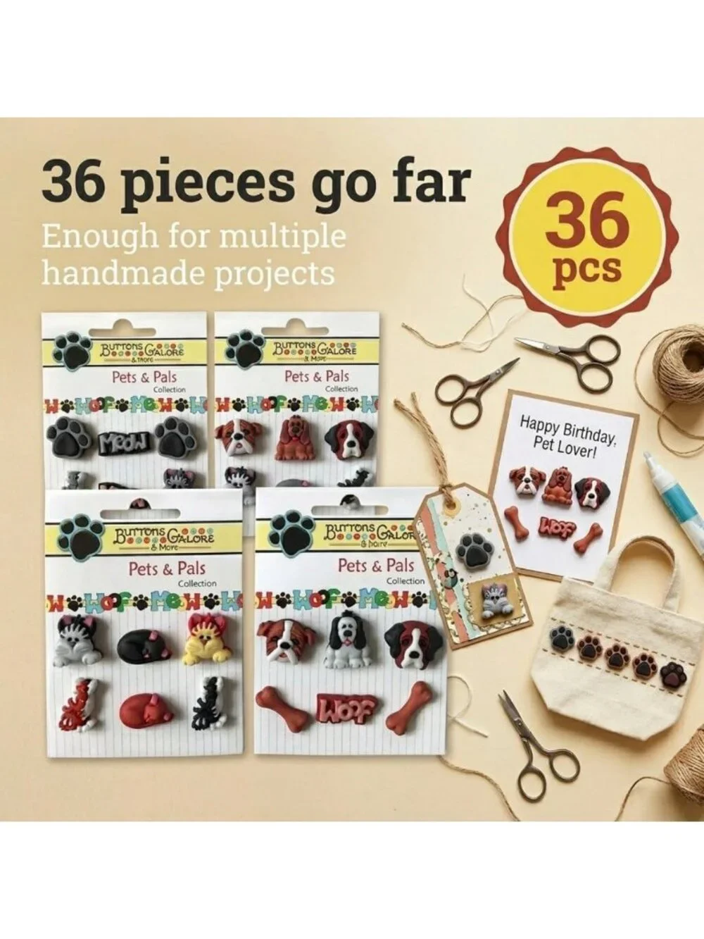 Cute 3D Pet Buttons Set – 36-Piece for Sewing, Scrapbooking & DIY Crafts - Dogs
